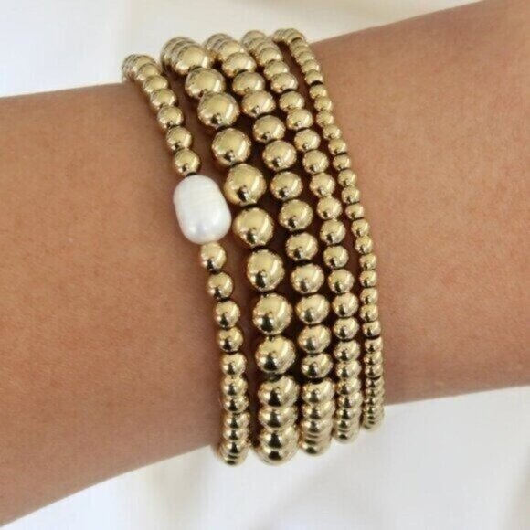 Waterproof Gold Bead Stretch Bracelets Set of 2 Stackable You pick Size PRETTY - Picture 15 of 16